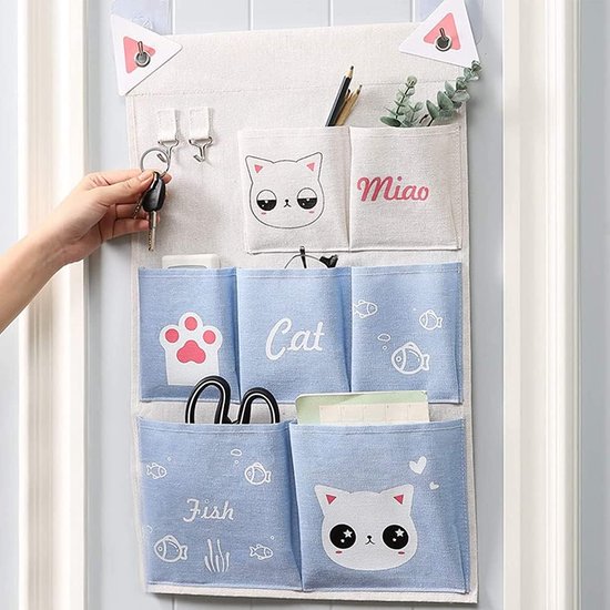 2 stuks opbergtassen voor aan de muur, hangende organizer, opvouwbaar, 7 vakken en 3 vakken, met kleefhaken, voor sleutels, speelgoed, afstandsbedieningen, boeken, cosmetica