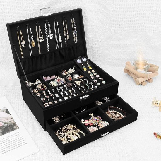 Sieradendoos, sieradenkistje met schuifladen voor dames en meisjes, fluwelen sieradendoosje, grote sieradenorganizer voor ringen, oorbellen, armbanden, halskettingen, zwart