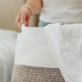 wasmand grote opbergmand van gevlochten katoenen touw voor vuile kleren in de wasruimte 65 cm hoog, wit en bruin