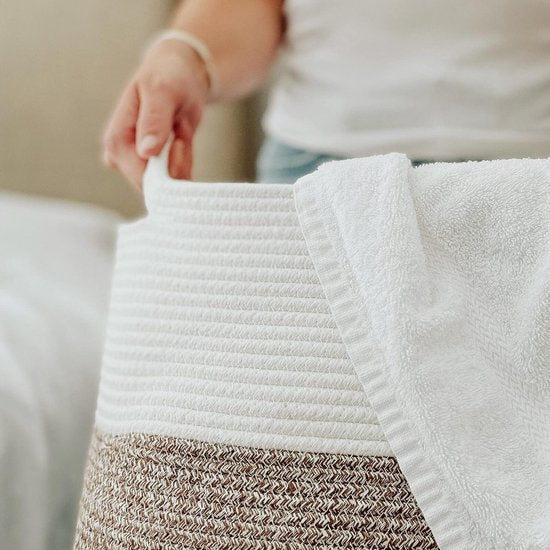 wasmand grote opbergmand van gevlochten katoenen touw voor vuile kleren in de wasruimte 65 cm hoog, wit en bruin