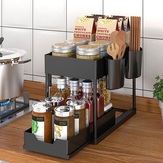 2 verdiepingen keukenrek, organizer, multifunctioneel opbergrek, onderkast, spoelkast, afneembaar, badkamerorganizer, 40 x 22 x 33 cm (zwart)