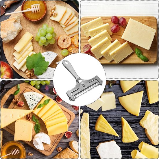 Kaasschaaf, kaasmes, kaassnijder met rol en snijdraad, variabele snijdikte, kaasschaaf, roestvrij staal voor blokkaas en boter, rolsnijden, zilver