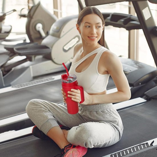 Thermobeker met handvat en rietje, dubbelwandige vacuüm roestvrijstalen isolatiebeker, voor onderweg of kantoor, voor koude warme dranken, 1200 ml, rood