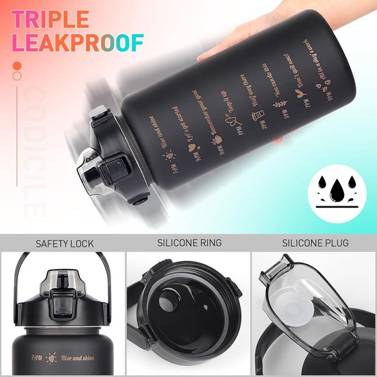 Drinkfles, 3 stuks, 2 l, 700 ml, 300 ml, lekvrij, 2 liter drinkfles met rietje, BPA-vrij, sportfles met tijdmarkering voor fiets, fitness, wandelen, outdoor