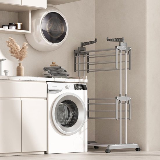 Droogrek met wieltjes, multifunctioneel, 3 etages, inklapbaar, klein wasrek, ruimtebesparend, met vleugels, voor binnen en buiten (grijs)