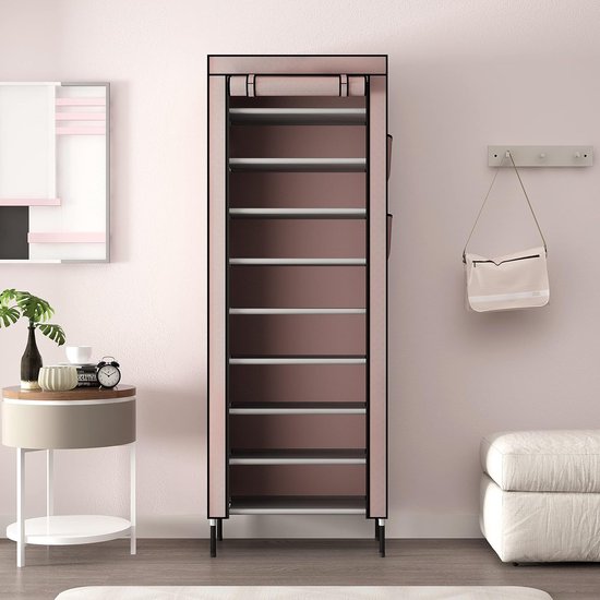 10 etages, 16 mm, extra dikke stangen, stabiele schoenenkast, organizer, standaard, 58 x 28 x 170 cm, met extra dik Oxford-weefsel, stofdichte afdekking houdt tot bruin