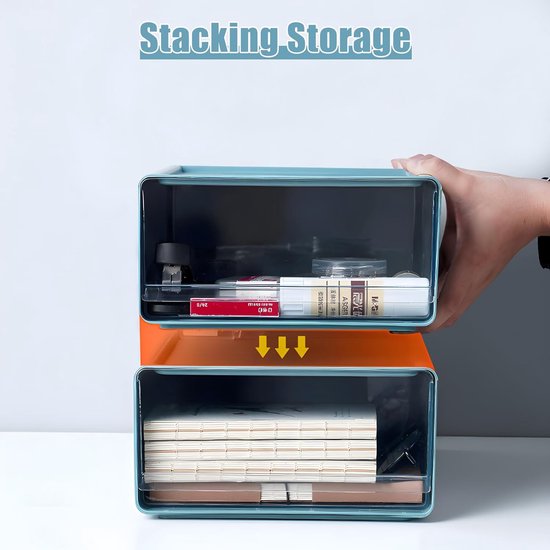 Set van 2 bureauladendozen a4 groot, kunststof ladedozen met laden, stapelbaar, opbergdoos met lade voor briefpapier en andere kantooraccessoires, transparant blauw