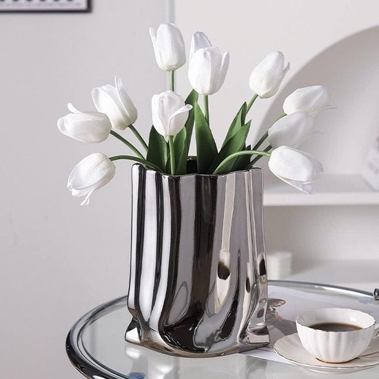 Keramische vaas, moderne bloemenvaas, minimalistische abstracte vaas voor woondecoratie, tafelmiddenvaas voor woonkamer, slaapkamer, eetkamer, bruiloft, feest (zilver, groot)