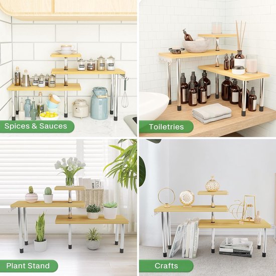 Hoekrek met 3 etages, keuken, werkblad, bamboe, keukenhoek, werkblad, organizer, boekenkast, display, planken, ruimtebesparend, instelbaar, voor woonkamer, keuken, kantoor