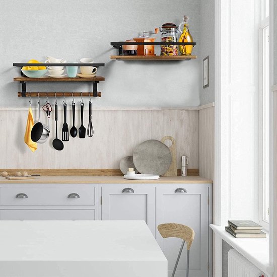 Houten wandrek, zwevend rek, 2 stuks, met handdoekhouder en 8 haken, ideaal voor keuken, woonkamer, badkamer en andere wanddecoratie