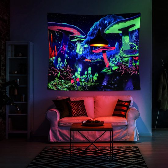 Black Light Mushroom Tapestry Galaxy Space Tapestry UV Reactive Poster Plant Landscape Tapestry Starry Sky Wall Hanging for Bedroom Home Decoration