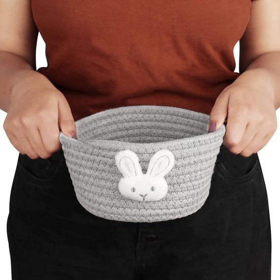 Kleine schattige gevlochten mand - B 19 x H 9,5 cm - Katoenen touwmand voor wasgoed, katten- en hondenspeelgoed - Decoratieve mand voor woonkamerplanken in de kinderkamer - Konijnenontwerp