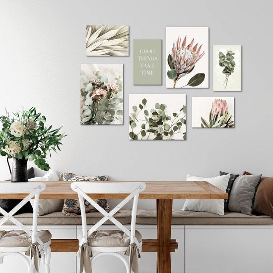 Muurschildingen groene bladeren - complete klaar om op te hangen - Boho beige woonkamer slaapkamer - 7 moderne sfeerafbeeldingen