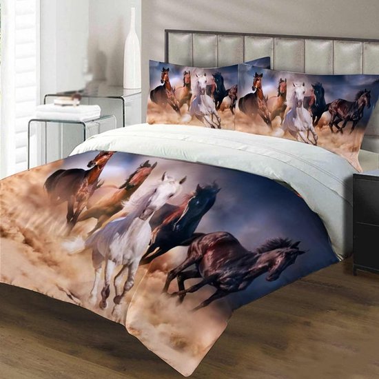 Beddengoedset voor paarden 135 x 200 cm, kinderbeddengoed, paardenmotief 3D diermotief, microvezel, zeer zacht, kinderbeddengoedset met dekbedovertrek en kussensloop (200 x 200 cm, paard-2)