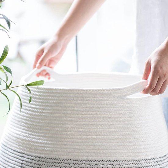 Wasmand, grote opbergmand, gevlochten katoenen touw voor knuffelige kleding in de bijkeuken, 65 cm hoog, wit met zwarte naad