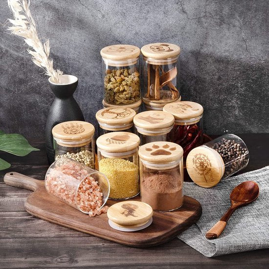 250 ml voorraadpotten, glazen voorraadpotten, set met deksel, 12 stuks, gegraveerde siliconen verzegelde glazen deksels, glazen container, borosilicaatglas met luchtdichte dichtheid opbergdoos, keuken, glas, kruidenpotjes