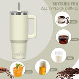 Koffiebeker om mee te nemen, dubbelwandig, roestvrij staal, vacuüm, lekvrij, met handvat en rietje, draagbare autobeker, thermobeker, beige voor koude warme dranken, beige