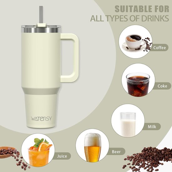 Koffiebeker om mee te nemen, dubbelwandig, roestvrij staal, vacuüm, lekvrij, met handvat en rietje, draagbare autobeker, thermobeker, beige voor koude warme dranken, beige