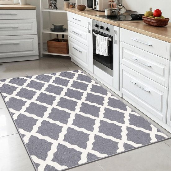 Glamour Collectie Vloerkleed met rubberen achterkant en elegant rasterontwerp, 100 x 150 cm, grijs.