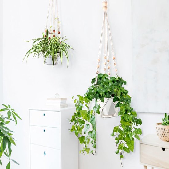 Macramé plantenhangers, set van 4 boho-decoratieve hanglampen voor bloempotten en planten, decoratie van binnen en buiten