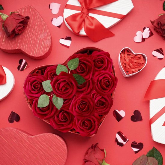Kunstbloemen Rode Rozen, 30 stuks 8 cm Boeket Kunstmatige decoratieve bloemen Neprozen met stengels en kaart voor Valentijnsdag Huis Tuin Verjaardagsfeestje DIY Bruiloft Decoratie