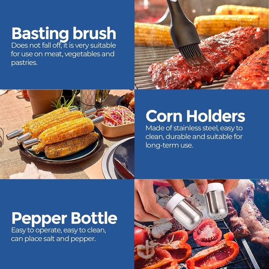 barbecuebestek, barbecueaccessoires, 25-delige accessoireset, professionele set, roestvrij staal, cadeaus voor mannen, met koffer voor grillrooster, premium