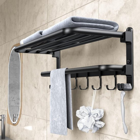 Towel Holder No Drilling Required, 56.5 cm Wall Mounted Bath Towel Holder with 7 Hooks, Can be Drilled or No Drilling Bath Towel Holder, Matt Black Towel Rails