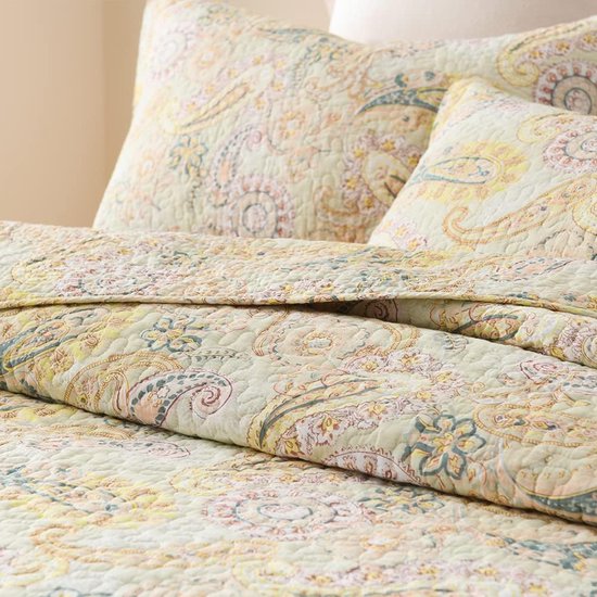 sprei van katoen 220x240cm, sprei 230x250 voor tweepersoonsbed met geel paisley bloemenpatroon, all-season deken, banksprei, gewatteerde deken met 2 kussenslopen