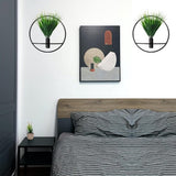 Set van 2 kunstplanten met rond mat zwart metalen hangframe voor wanddecoratie, aan de muur gemonteerde kunstplanten met metalen banden voor moderne zwarte wanddecoratie