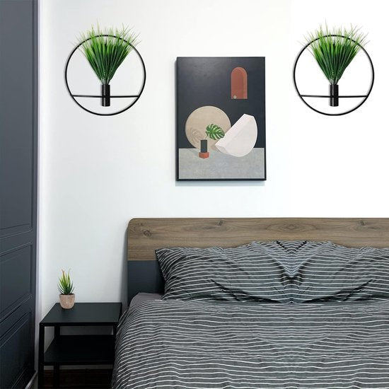 Set van 2 kunstplanten met rond mat zwart metalen hangframe voor wanddecoratie, aan de muur gemonteerde kunstplanten met metalen banden voor moderne zwarte wanddecoratie
