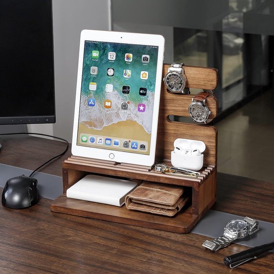 Telefoondockingstation, hout, cadeau voor mannen, Echtgenoot, vriend, bureau-organizer voor horloges, mobiele telefoon, tablet, bril, sleutels, portemonnee