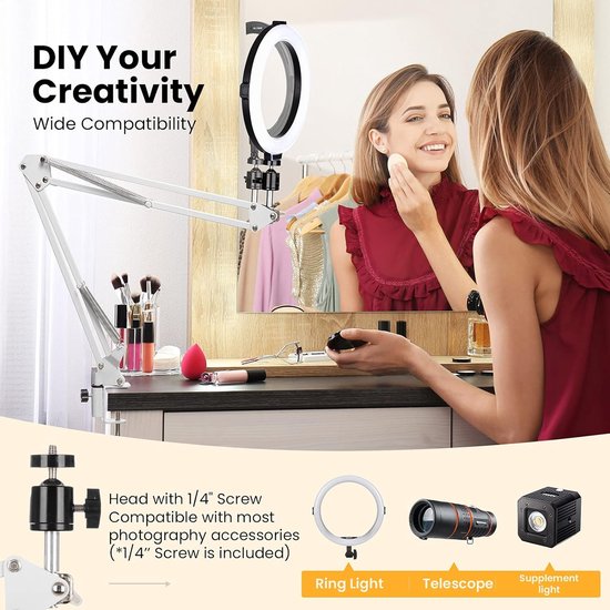 Mobiele telefoon scharnierarmhouder met smartphone-klem en 1/4 inch schroef lange mouwen mobiele telefoon houder scharnierarm Haterung (wit)