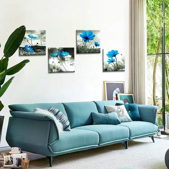 4-delige canvasafbeeldingen met blauwe bloemenmotief, kunstdruk, moderne muurfoto voor badkamer, woonkamer, wanddecoratie - 30 x 30 cm