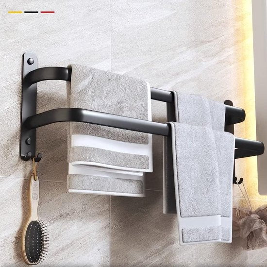 Handdoekhouder, zwart, aluminium, zonder boren, handdoekhouder, wandmontage, gastendoekhouder, badhanddoekhouder met 2 haken, handdoekhouder voor badkamer, keuken, toilet, 40 cm (2 lagen)