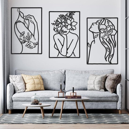 3 stuks 35 x 25 cm wanddecoratie van metaal, waterdichte wandsieraden, wandsculpturen om op te hangen, moderne wanddecoratie, metaal, woonkamerdecoratie, minimalistische muurkunst, abstracte