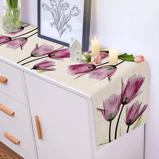 Tafelloper Paarse Bloemen Tafelloper Modern Woonkamer Abstract Tafelkleed Linnen Tulpen Tafelloper Kreukvrij Antislip Tafelloper Decoratie voor Eetkamer Feest Vakantie 33 x 180 cm