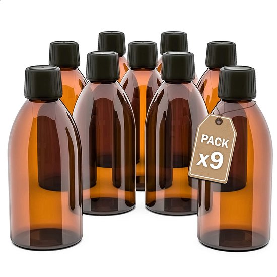 Set 9 apothekersfles, 250 ml. Bruingglazen flessen met schroefdop. Navulbare flessen. Dosering en opslag van vloeibare stoffen.