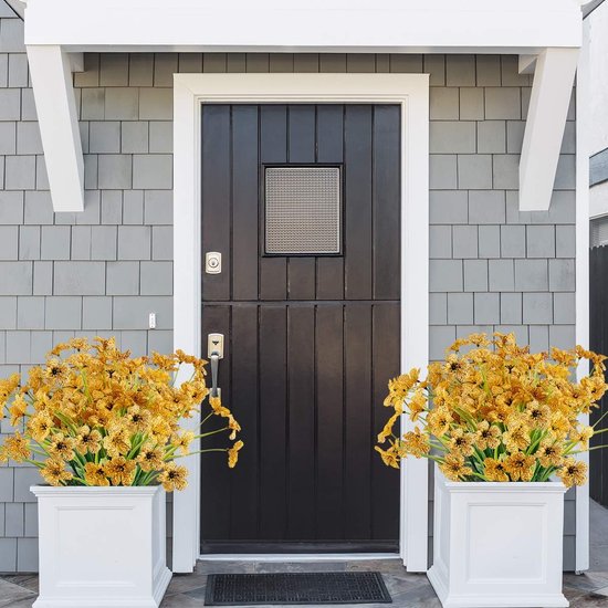 Kunstbloemen 16 bundels voor buiten, UV-bestendig, nepbloemen, vervaagt niet, faux kunststof, groenery, struiken, tuin, veranda, vensterbox, decoratie (geel)