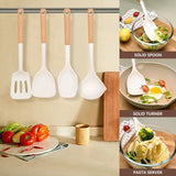 6-delige set kookgerei, van siliconen, hittebestendig, met houten handvat, anti-aanbaklaag, BPA-vrij, kookgerei, vaatwasmachinebestendig, inclusief spatel, lepel, pastamper (wit)