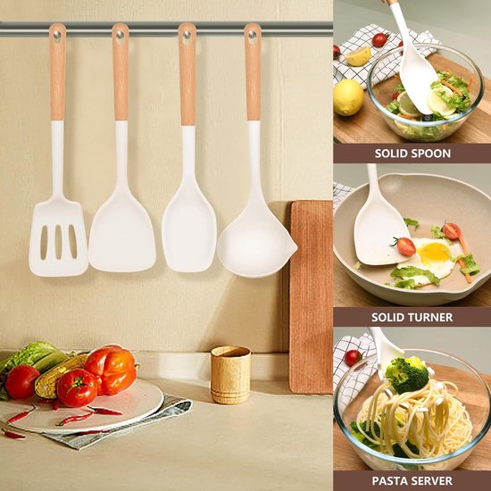 6-delige set kookgerei, van siliconen, hittebestendig, met houten handvat, anti-aanbaklaag, BPA-vrij, kookgerei, vaatwasmachinebestendig, inclusief spatel, lepel, pastamper (wit)