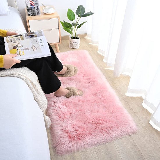 Imitatie lamsvacht schapenvacht tapijt kunstbont decoratief lamsvel tapijt langharig vacht imitatie wol bedmat bankmat (75 x 120 cm, roze)