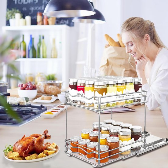 Kruidenrek, organizer, uittrekbare keukenkast, met kastrek, opbergrek 2 etages, voor keuken, flessen, olie, ingrediënten, glazen, koken (zilver, 28 x 23 x 26 cm)