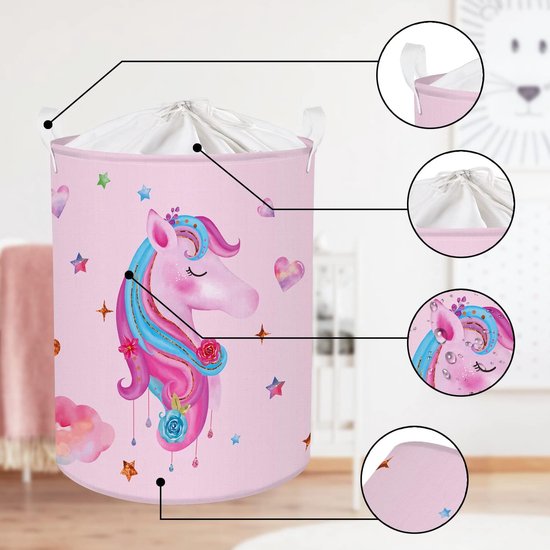 45 liter, roze wasmand voor babymeisjes, met eenhoorn, hart, ster, wolken, waterdicht, ronde wasmand voor babykamer, opvouwbare opbergmand voor het bewaren van speelgoed, 36 x 45 cm, roze