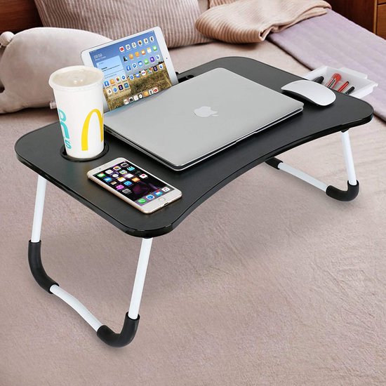 Laptopbureau met lade, bedlade voor laptop, notebooktafel, leesstandaard met inklapbare poten en bekersleuf (zwart)