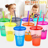 Drinkbekers met rietje en deksel, 9 stuks, kleurverandering, 16 oz plastic beker, smoothie, koffiebeker voor onderweg en kinderen, volwassenen, herbruikbare kunststof bekers
