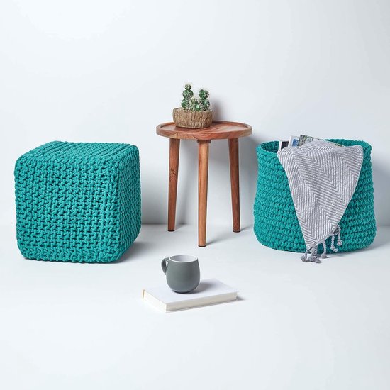 zitpoef zitkubus 35 x 35 cm, zitkussen gebreid poef, grof gebreide bekleding van 100% katoen, vulling van 100% polystyreen