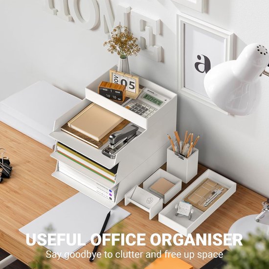 4 verdiepingen brievenbakje, documentenplateaus voor A4, opbergvakken, stapelbaar, bureau van kunststof, papieren organizer met penhouderset, bureauplank, archiefplank, opbergmand