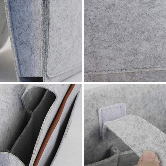vilten bedcaddy organizer om op te hangen, nachtkastje, tas, bankbed, dik vilt met kabelsgaten, antislip, voor boek, tijdschriften, iPad, mobiele telefoon, afstandsbediening (grijs)