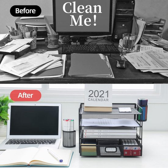 Bureau-organizer, 4-laags papieren brievenbak-organizer met lade, 2 pennenhouders, mesh-bureau-organizer voor thuis, kantoorbenodigdheden, zwart