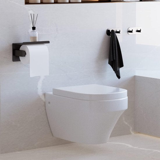 Toiletpapierhouder zonder boren, met plank, toiletpapierhouder, mat zwart, zelfklevend, met 2 kleefhaken, roestvrij staal